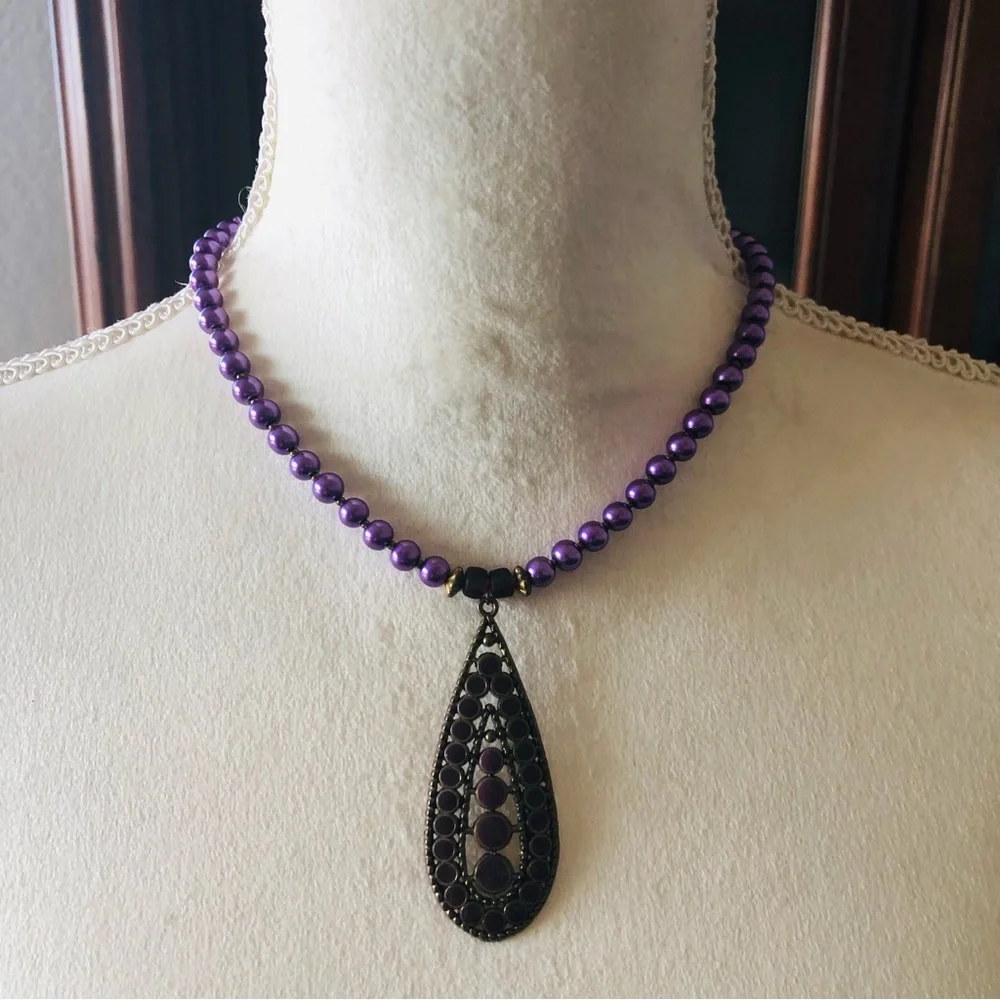Handcrafted repurpose purple enamel raindrop pendant Czech glass Pearl necklace